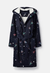 205682-NVYROCKETS Navy blue robe with space rocket print  100% polyester  XS, S, M, L